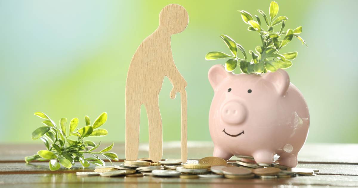 Icoontje van een oude man waar muntgeld op de grond ligt en er een spaarvarken staat met een groene tak erin