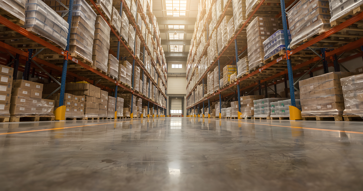 Hoge magazijngang met opgestapelde producten in de schappen